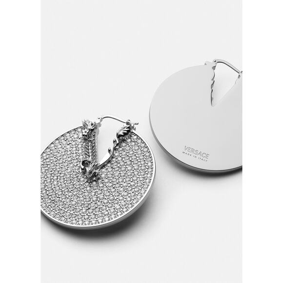 NIB Versace Rhinestone Barocco Virtus Silver Circle Hoop Earrings $1,125 - Picture 5 of 12